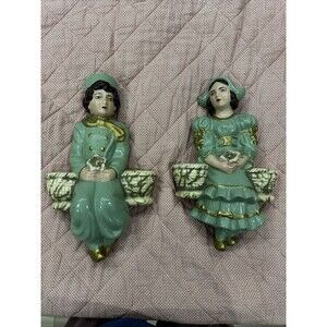 Rare Green & Gold Dutch Boy and Girl Wall Sconces Early 1940’s